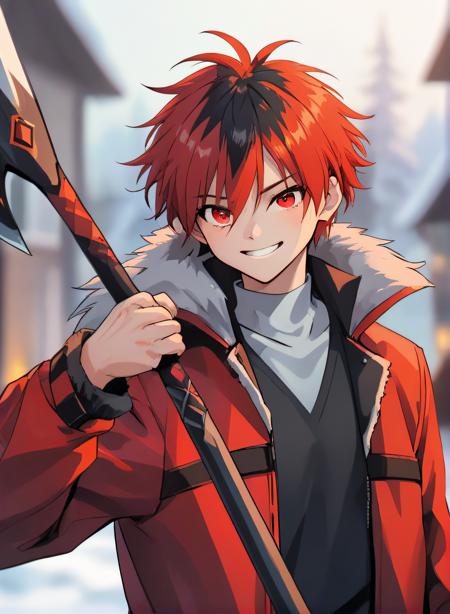 solo,short hair,bangs,black hair,red eyes,1boy,hair between eyes,jacket,upper body,male focus,red hair,multicolored hair,blurry,two-tone hair,fur trim,red jacket