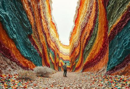 man walking at the bottom of the multi color cake valley. The valley is made from cake and melting cream. walking between narrow towering, huge cake and huge topping cream. canyon of giant layered cake. bush of shiny candies. chip gravel spread along the path.