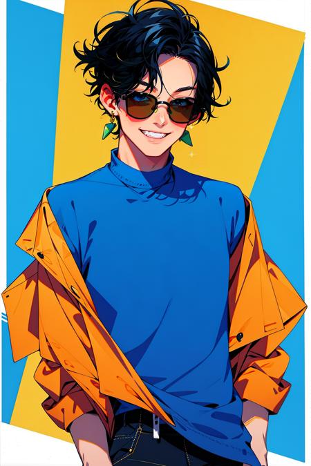 <lora:éä»:0.9>,gujiedao,1boy,male focus,solo,sunglasses,jewelry,earrings,smile,short hair,blue background,black hair,