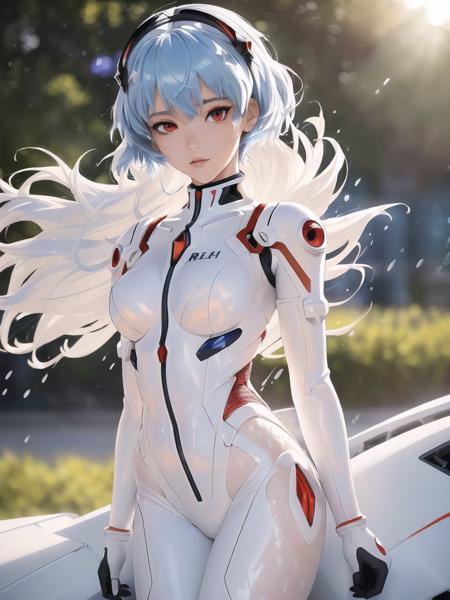 (best quality, masterpiece, colorful, dynamic angle, highest detailed)(\Rei Ayanami\), upper body photo, fashion photography of cute girl (\Rei Ayanami\), red eyes, dressing high detailed Evangelion white suit (high resolution textures), in dynamic pose, bokeh, (intricate details, hyperdetailed:1.15), detailed, sunlight passing through hair, splash art background(high contrast, official art, extreme detailed, highest detailed),