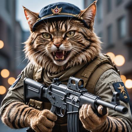 cinematic photo closeup  of an cut cat soldier holding his detailed ak47 towards the camera, fangs , paws, angry, high quality photography, 3 point lighting, flash with softbox, 4k, Canon EOS R3, hdr, smooth, sharp focus, high resolution, award winning photo, 80mm, f2.8, bokeh . 35mm photograph, film, bokeh, professional, 4k, highly detailed