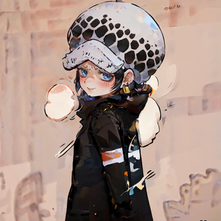 masterpiece,best quality,8k,highestres,absurdres, extremely detailed,
(1girl:1.2),femlaw,hat,earrings, solo,black hair, <lora:Trafalgar_lawV55-10:0.8>,<lora:chibi2-10:1>,chibi ,black coat,blush,(simple background:1.3),looking at viewer, seductive smile,  <lora:corazon2_coat-10:0.8>,corazon coat