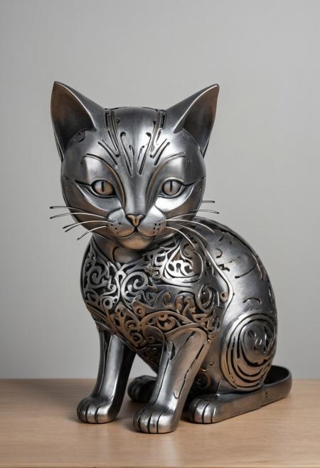 Product photograph, natural lighting, a metal artwork of a cat, detailed