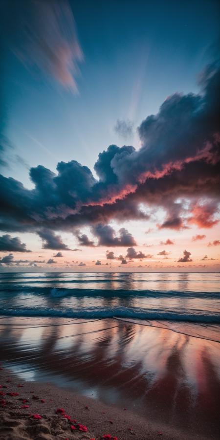 photo of paradise beach, twilight, red and blue clouds, cinematic, Polaroid, Long Exposure, Shutter Speed 1/2