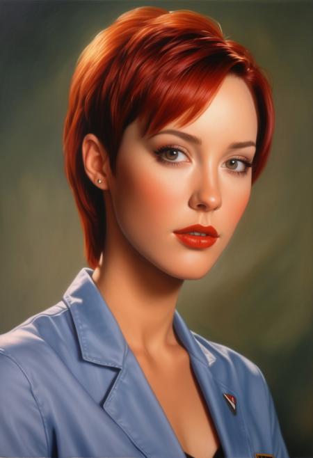 realistic portrait of a ((20 year old woman:2.0)) blending the features of (Nana Visitor:1.4) and denise crosby, red hair,