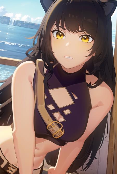 blake, blake belladonna, long hair, black hair, (yellow eyes:1.5), bow, hair bow, black bow, long hair, bangs, blake, blake belladonna, long hair, black hair, (yellow eyes:1.5), long hair, bangs, animal ears, cat ears, navel, midriff, belt, jacket, white jacket, long sleeves, open clothes, halterneck, criss-cross halter, pants, black pants, navel, midriff, belt, halterneck, criss-cross halter, bare shoulders, bare arms, pants, black pants,