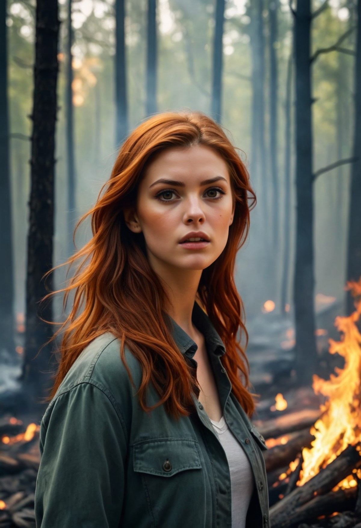 A girl with fiery red hair stands amidst a raging forest fire, her face illuminated by the flames and smoke billows around...