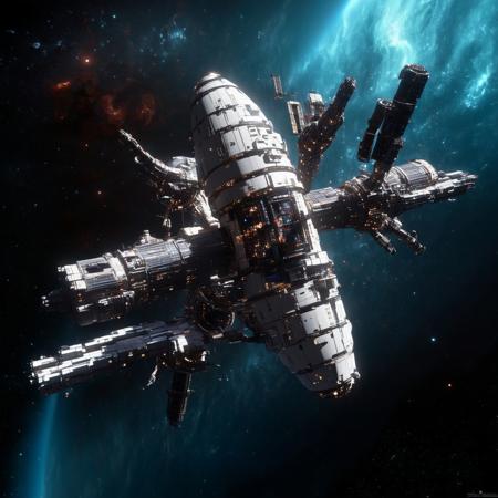 Design a breathtaking scene set in the vastness of space, where a futuristic spaceship is gracefully docking with a massive space station. Imagine this spacecraft as a marvel of human engineering, with sleek lines, glowing accents, and an array of advanced technologies on display. The space station, a towering structure with intricate details and multiple docking ports, serves as a bustling hub of interstellar activity.

As the spaceship aligns perfectly with the docking bay, highlight the intricate dance of mechanical arms and magnetic locks securing the two structures together. Add a dramatic touch with a vibrant nebula glowing in the background, its vivid colors contrasting the dark void of space. Enhance the sense of depth and movement with stars streaking across the scene, creating a captivating starfield.

Include subtle lighting effects to showcase the reflective surfaces of the spaceship and space station, emphasizing their metallic sheen. Perhaps add a few smaller vessels or spacewalkers nearby, providing a sense of scale and additional visual interest. The overall composition should evoke a sense of wonder, showcasing the beauty and excitement of space exploration and the potential of human ingenuity in the future.
