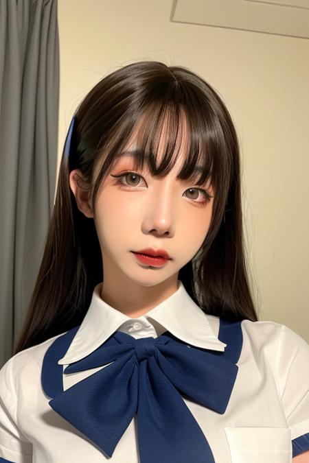 1girl, (short-sleeved JK_shirt),JK_style,(dark blue JK_skirt) ,(bow JK_tie), Brown eyes ,FACE,  makeup,red lips, eyeshadow,  <lora:shiliuye_jf-000002:0.9>