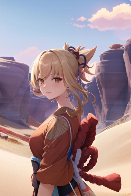 <lora:Style NewGenshinLandscapes e6:1> Sumeru, desert

High detail, digital painting, intricate, 8k, ((highly detailed)), cinematic lighting, dramatic light, intense, sharp focus, best quality, hyper detail.

Yoimiya \(genshin impact\), blonde hair, 1girl, solo, japanese clothes, hair ornament, orange kimono, kimono, dramatic pose, epic, stunningly attractive, cinematic lighting, vivid colors, looking at viewer, (happy:0.9), friendly, playful   <lora:Character Yoimiya hardpruned:1> upper body portrait