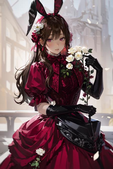 masterpiece, best quality, extremely detailed, detailed background, detailed face, 1girl, flower, solo, animal ears, dress, rabbit ears, long hair, holding, gloves, brown hair, holding flower, pink eyes, pink dress, pink flower, white gloves, looking at viewer, hair ornament, bow, rose, english text, frills, bangs, petals, pink bow, hair flower, simple background, ribbon, parted lips, pink ribbon, white flower