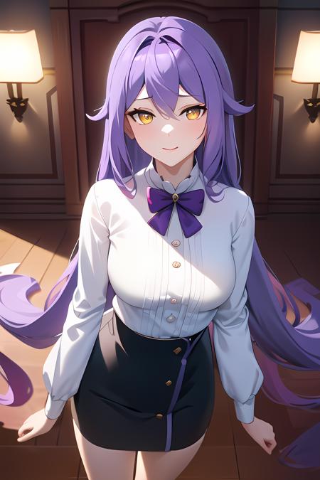 ((masterpiece, best quality)),1girl,indoors, sirin, bow breasts,long_hair, long_sleeves, looking_at_viewer, pencil_skirt, purple_bow, purple_hair, skirt, solo, thigh_strap,black_skirt, very_long_hair,cowboy_shot, white_shirt, yellow_eyes,,,,,,, ,extremely detailed CG unity 8k wallpaper, perfect lighting,Colorful, Bright_Front_face_Lighting,White skin, (masterpiece:1.0),(best_quality:1.0), ultra high res,4K,ultra-detailed, photography, 8K, HDR, highres, absurdres:1.2, Kodak portra 400, film grain, blurry background, bokeh:1.2, lens flare, vibrant_color,professional photograph,(Beautiful medium_Breasts), (beautiful_face:1),(narrow_waist),Beautiful Finger,Beautiful long legs,Beautiful body,Beautiful Nose,Beautiful character design, perfect face,perfect balance,