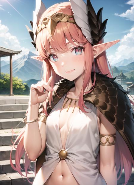 <lyco:circe1-000005:1.0>, circedef, upper body, smile, blush, outdoors, day, simple background, blue sky, sky, temple, looking at viewer, stairs, mountain, moody lighting, facing viewer,