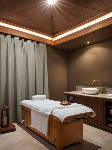 <lora:JJsSpa_XL:1>, ((spa treatment room)) , ((best quality)),((masterpiece)),((realistic)), indoors,  chair, table, photorealistic, authentic, indoor scenery,  highly detailed,  wood, ceiling light, towel, curtains, glass, lamp,