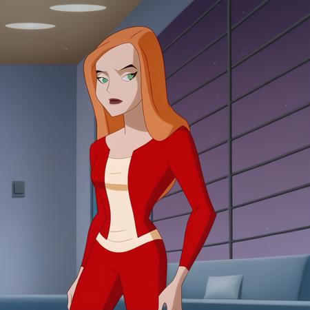 jackiewallace, 1girl, solo, orange hair, long hair, green eyes,  lipstick, jacket, shirt, red pants