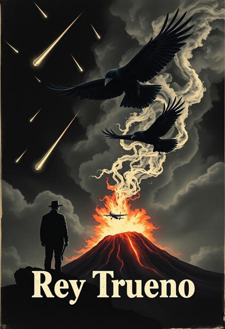 vintage movie poster with black SKY very clean colours, meteors falling from sky, and a black raven flying with wings  like thunders coming out from a volcano erupting ,wind seems like flames, behind a very clear silhouette of man from mexico looking to the raven in sky, a plane hit by a storm flying in the distance. extremely intricate, stylized and classy concept art, a professional photograph. Detailed Textures, high quality, high resolution, high Accuracy, realism, color correction, Proper lighting settings, experimental art composition
Text "Rey Trueno",