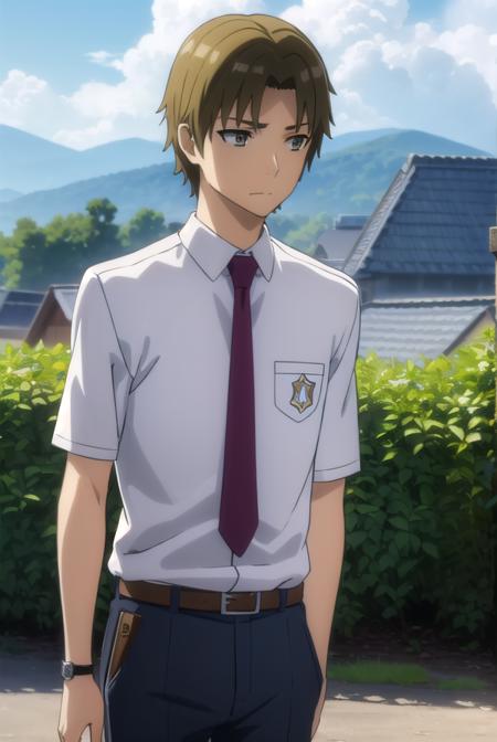 atsumumatsuyuki, <lora:atsumu matsuyuki s1-lora-nochekaiser:1>,
atsumu matsuyuki, brown hair, (brown eyes:1.3), male focus,
BREAK shirt, school uniform, white shirt, short sleeves, necktie, collared shirt, belt, pants, red necktie, watch, wristwatch,
BREAK outdoors, house, fields, grass, sky, sun, clouds,
BREAK looking at viewer, (cowboy shot:1.5),
BREAK <lyco:GoodHands-beta2:1>, (masterpiece:1.2), best quality, high resolution, unity 8k wallpaper, (illustration:0.8), (beautiful detailed eyes:1.6), extremely detailed face, perfect lighting, extremely detailed CG, (perfect hands, perfect anatomy),