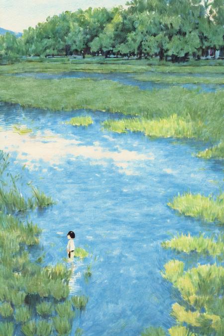 outdoors, solo, traditional media, 1girl, nature, scenery, water, day, lake, shirt, white shirt, wide shot, sky, reflection, grass, black hair, tree, painting (medium), standing,long-range viewï¼waterï¼ <lora:Colored lead_20230801210009:0.82>, (illustration:1.0), masterpiece, best quality,