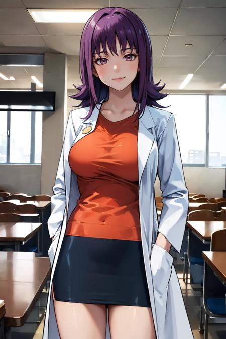 masterpiece, best quality,  <lora:profivy-nvwls-v1-000009:0.9> profivy, purple hair, labcoat, orange shirt, pencil skirt, looking at viewer, large breasts, cowboy shot, indoors, laboratory, white theme, computer, smile, squinting