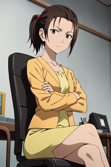 (masterpiece, best quality:1.2), highres, anime screencap, anime coloring, 1girl, solo, frown,
Mrs_Nakagami, brown hair, short hair, short ponytail, parted bangs, bangs, forehead, brown eyes, hair ornament,
white jacket, open jacket, long sleeves, yellow shirt, collarbone, orange skirt, long skirt,
sitting on chair, crossed legs, crossed arms,
indoors, office chair, looking down at viewer, from below,
<lora:add_detail_CyberAlchemist:0.4>, <lora:GoodHands-beta2:0.8>, <lora:MrsNakagami-000010:1>