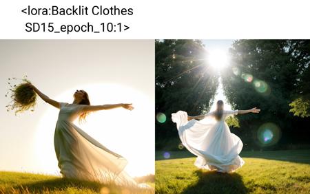 b4ckl1t, back lighting, a woman in a white dress standing in the grass with her arms outstretched in the air and her hands outstretched, Amanda Sage, radiant light, a marble sculpture, magical realism, intense backlight, lens flare, bokeh, Anamorphic lens flare, motion, dynamic action, dynamic angle, motion blur
 <lora:Backlit Clothes SD15_epoch_10:1>