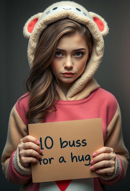 photorealistic, beautiful russian girl wearing a cute togepi ooutfit, cardboard with inscription "10 buzz for a hug", 20 years old, attractive, curvy, perfect face, "10 buzz for a hug" inscription, pink light, dark, sad