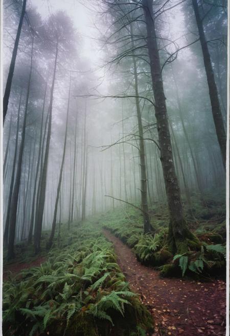 soaked_kaffee, instagramphoto, a foggy forrest somewhere in europe with some birds in the sky, soft shadows, filmgrain