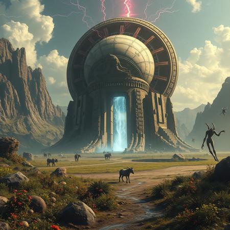 An ancient alien structure suddenly hums back to life with plasmid waves and electrical energy after millennia of inactivity. The landscape around it is covered in alien wildlife and flora.