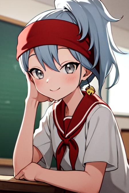 masterpiece, best quality, <lora:kunoichi_uikyou:0.7> 1girl, solo, grey eyes, grey hair, ponytail, red headband, single jingle bell, light smile, white serafuku, sailor collar, red neckerchief, short sleeves, indoors, classroom,