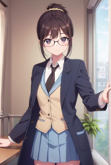 rikashiguma, <lora:rika shiguma s2-lora-nochekaiser:1>,
rika shiguma, brown hair, (brown eyes:1.3), ponytail, glasses, scrunchie, yellow scrunchie, smile,
BREAK school uniform, necktie, labcoat,
BREAK indoors, classroom,
BREAK looking at viewer, (cowboy shot:1.5),
BREAK <lyco:GoodHands-beta2:1>, (masterpiece:1.2), best quality, high resolution, unity 8k wallpaper, (illustration:0.8), (beautiful detailed eyes:1.6), extremely detailed face, perfect lighting, extremely detailed CG, (perfect hands, perfect anatomy),