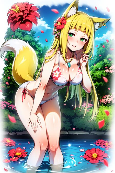 animal ears, flower, transparent background, tail, 1girl, fox tail, fox ears, lily \(flower\), white flower, lily pad, hibiscus, hair flower, swimsuit, water, blonde hair, long hair, wading, petals on liquid, breasts, bikini, cleavage, solo, sparkle, hair ornament, lotus, necklace, jewelry, petals, white bikini, daisy, wet, standing, blunt bangs, green eyes, bangs, leaning forward, pink flower, ripples, fox girl, collarbone, navel, looking at viewer, star \(symbol\), smile, parted lips, orange flower