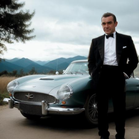 (Masterpiece Photo:) of (Happy) sean standing in front of a car, studio lighting,thematic background, (high detailed skin:1.2), 8k uhd, dslr, soft lighting, high quality, film grain, Fujifilm XT3