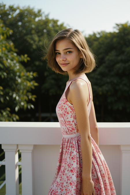 AnnaMariaPrydatko, photograph by (Rodney Smith:1.3), modelshoot, pose, windblown waves, colorful blush, (floral sundress), Miami Beach sunset backdrop, Canon T90, 50mm f/1.4, 1/125s, ISO 100, Ektachrome E100, smile, (slim, fit:1.3)