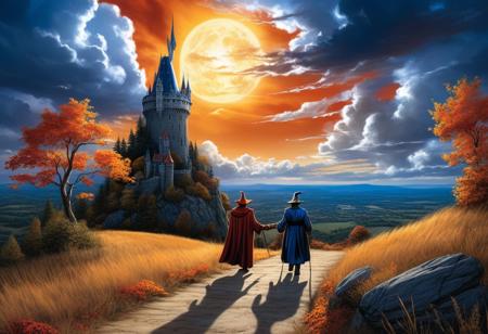 award winning, comic art illustration, in the style of Ed Benes, perfect shading; a beautiful cloudy but calm sky at dusk, blue and white mixed with reds, yellows, and oranges, a sense of serenity, a far off sun lighting the sky,  wizard tower in the scene, mysterious, Merlin the wizard with a staff walking down a path towards the tower, well drawn, sharp lines, smooth shading, (colorful:1.2), (sharp:1.2), (extremely detailed:1.2), (HD:1.2), (HDR:1.2), (8K:1.2), (insane quality:1.2), (best resolution:1.2), maximalist, (masterpiece:1.2)