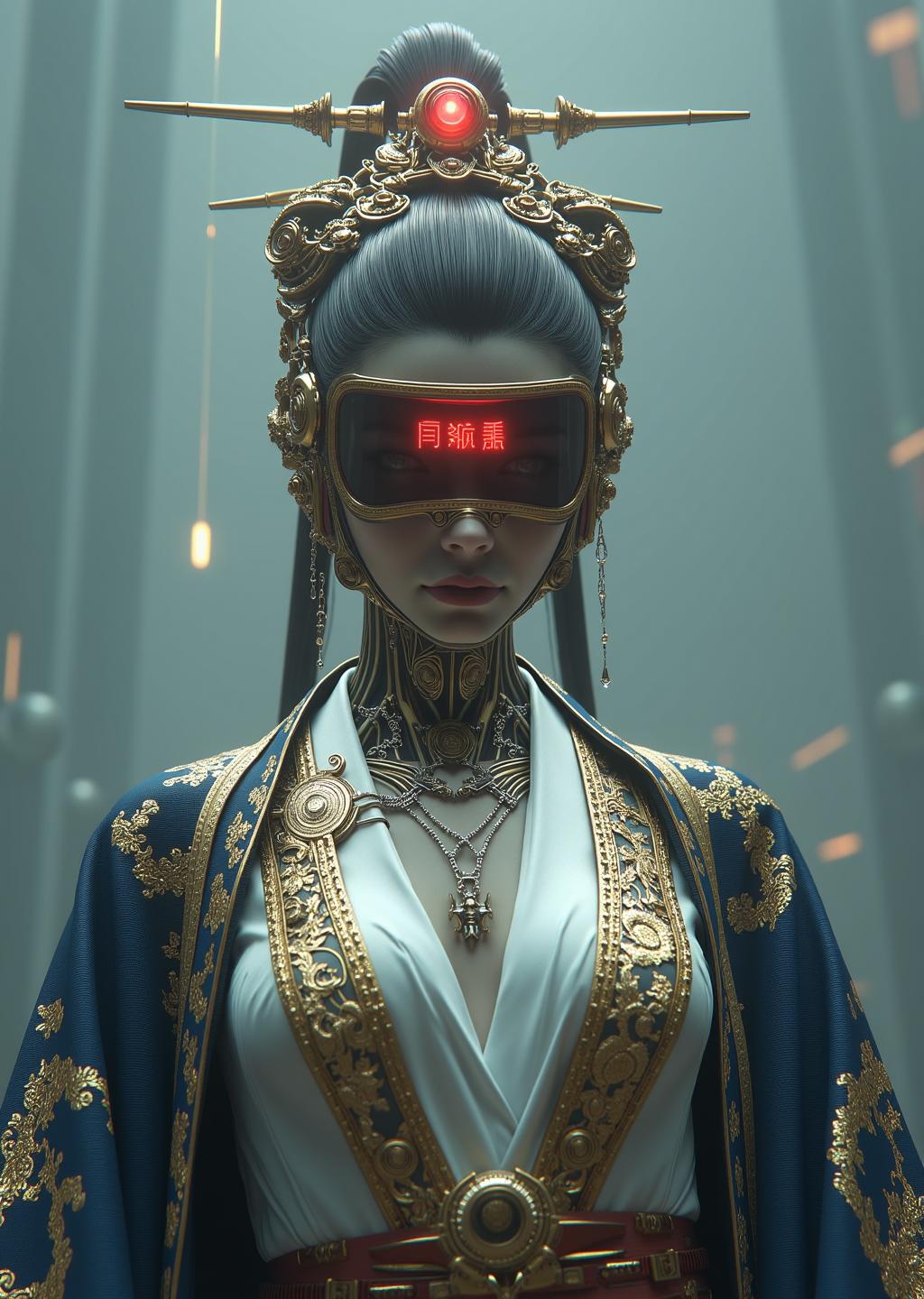 A female figure wearing East Asian clothing combined with futuristic cybernetic elements. The subject is facing directly toward the camera while wearing an ornate blue robe with gold embroidery and a white undergarment. Her hair is styled in an updo with elaborate golden hair ornaments including decorative pins and chains. A high-tech visor covers her eyes, displaying red characters on a dark screen, while a red light glows from an ornament on her head. The background appears blurred with vertical light streaks and bokeh effects.