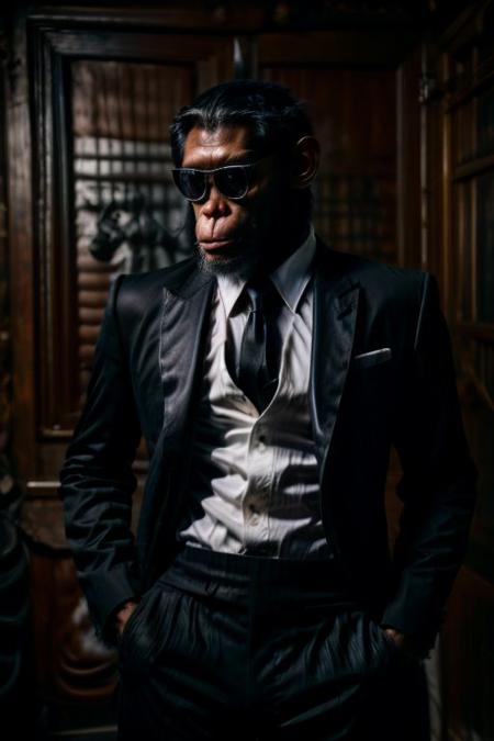 (analog photo) of a (gangster chimp) wearing a black suit with a white shirt and black tie and wearing black Rayban style sunglasses, serious face,  hands in pockets, confident posture, masterpiece, Fine art photography, award winning photography