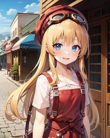 best quality, (masterpiece:1.2), illustration, absurdres,
(1girl), (solo), (beautiful detailed girl), (upper body, portrait), 
<lora:TitaSky-08:0.8>, Tita Russell, blue eyes, blonde hair, long hair, small breasts, flat chest, petite,
red hat, headwear, goggles on headwear, pink shirt, red apron, pink shorts, black pantyhose, red shoes,
smile, blush, looking at viewer,
inside middle eastern town, middle east, bazaar, cobblestone street,  sky, sun, day,