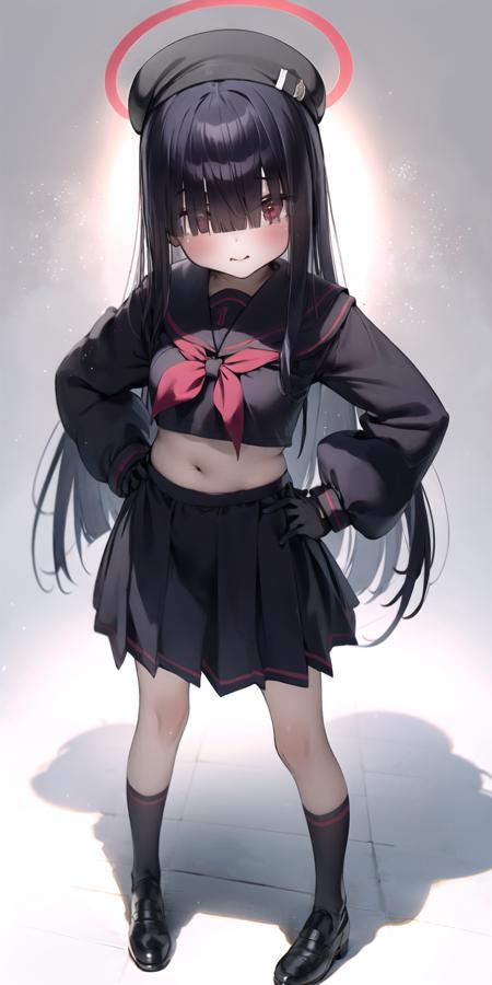 1girl,  solo, loi, petite, mob-chan,
BREAK red_eyes, very_long_hair, (blunt_bangs), ((eyes visible through hair)), medium_breasts, (blush), embarrassed, closed mouth, 
BREAK black_socks, black_skirt, sailor_collar, black_footwear, (beret), black_hat, (halo:1.3), black_socks, loafers, hair_over_eyes,  skirt,  black_hair, gloves, long_sleeves,  holding, school_uniform, pleated_skirt, uwabaki, serafuku, black_gloves, 
BREAK standing, (straight-on),(full_body:1.5), looking at viewer, hands on hips, 
BREAK white_background, simple background, sunshine, (tyndall_effect), 
((masterpiece)), (highres), (best_quality), (highly_detailed),  (original),(Delicate background),(extremely detailed 8K wallpaper),cinematic lighting, volume lighting, light particles, shaded_face, beautiful_detailed_eyes, depth_of_field, perspective,<lora:Mob-chan:1:lbw=char>,<lora:ç¥ç§lora K:0.8>