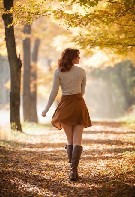 ((stirring up leaves with her feet)), (full body), (windy),  , orange autum blossom in her hair, curvy, (taking a walk), 30 year old woman, auburn bun ,natural skin, looking away, full lips, brown eyes,, (soft warm light), forest, (((fog))), , autumn,  (cinematic, film grain:1.1, bokeh), mini skirt, boots, cape,
