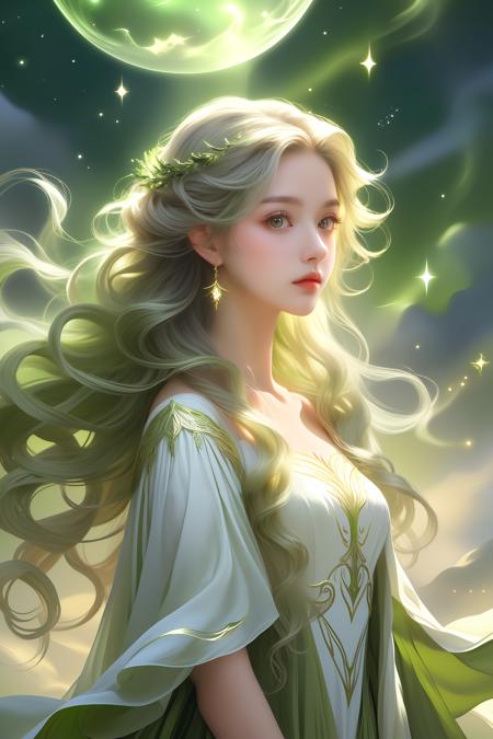 ethereal fantasy concept art of  wide_shot,(masterpiece,best quality,niji style),white,dynamic pose,((olive green gradient background)),simple background,1girl,wavy hair,lip,((long hair)),light gray hair,<lora:xl_more_art-full_v1:1>,. magnificent,celestial,ethereal,painterly,epic,majestic,magical,fantasy art,cover art,dreamy,