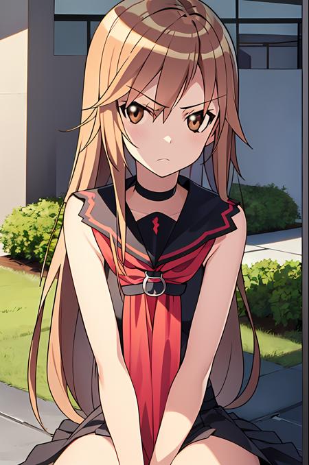 (exceptional, best aesthetic, new, newest, best quality, masterpiece, extremely detailed), ookamiryouko, 1girl, solo, annoyed, looking_at_viewer, black_serafuku, choker, garden