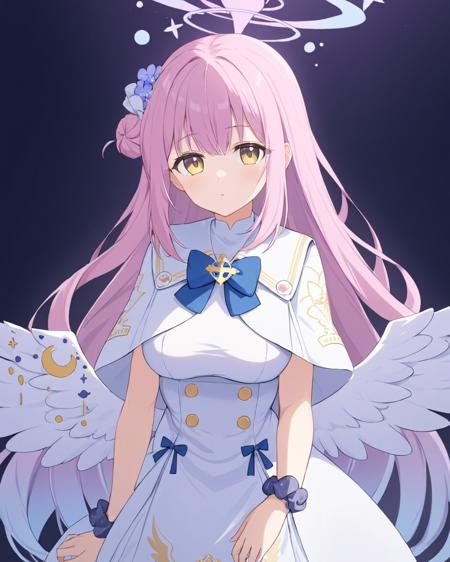 mika \(blue archive\),1girl, solo, halo, single_side_bun, white_dress, hair_flower, wrist_scrunchie, blue_bow, looking_at_viewer, white_wings, angel_wings, low_wings, feathered_wings, crescent, white_capelet, own_hands_clasped, breasts
<lora:mika_(blue_archive)_image1356_2023-11-18_spv-000030:1>,halo,. gorgeous,key visual, vibrant, studio anime,award-winning, professional, highly detailed,high budget, cinemascope