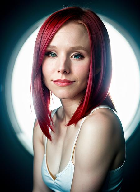 portrait of Kristen Bell, ecstatic , wearing custom-made , with red Bob, background ocean, epic (photo, studio lighting, hard light, sony a7, 50 mm, matte skin, pores, colors, hyperdetailed, hyperrealistic), <lyco:Kristen Bell:1.2>