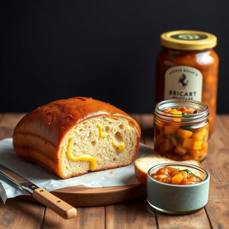 shiny loaf of brioche bread, open jar of mustard, open jar of relish