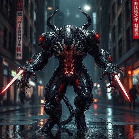 Venom, futuristic, cybernetic armor, muscular, 3m tall, black, red, white, color palette, dark city street, night, rain, neon, high-tech laser/steel blade arms, combat stance, intricate, menacing, powerful, cybernetic aesthetic, high quality, UltraHD