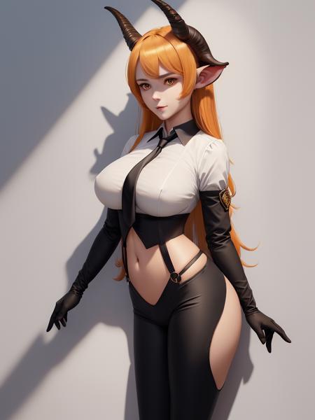 masterpiece, best quality, ultra-detailed, best shadow, cinematic light, hyper detail, intricate details, 1girl, degenbrecher(arknights), solo, necktie, goat girl, black necktie, horns, hair between eyes, goat horns, suspenders, animal ears, blonde hair, very long hair, black pants, black gloves, yellow eyes, collared shirt, (orange shirt), goat ears,pants, mediun brests, thick hips,simple background, face focus, seductive face, gray wall, random pose, bokeh, 
,Betterthic