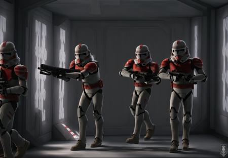 (multiple clone troopers,  shock trooper, 
(military drill:1.4),
detailed armor and helmet, holding guns, aming, inside a star ship, star wars, interacting with each other,:1.3)
(full shot:1.3), (long shot:1.2), (wide shot:1.3), (photo essay:1.4), X1.5, (Extreme Wide Shot:1.4),
((best quality)), ((masterpiece)), (detailed), stunning gradient colors, no watermark signature, detailed background, insanely detailed, , ((masterpiece)), absurdres, HDR, ,, <lora:clonesV1:1>