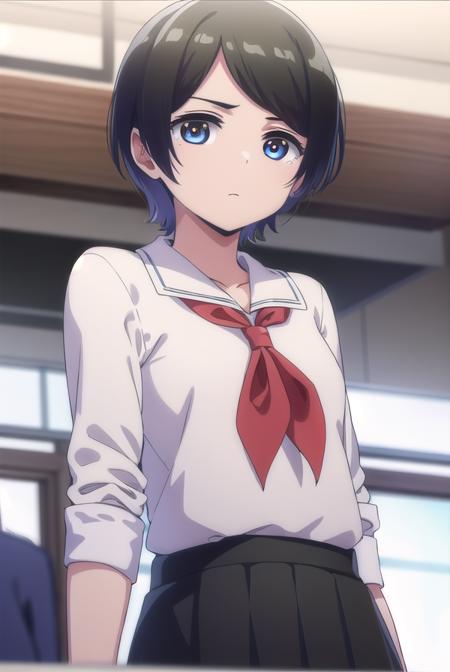 aitanahara, <lora:ai tanahara anime s1-lora-nochekaiser:1>, 
ai tanahara, short hair, black hair, hair ornament, (brown eyes:1.3), hairclip, (swept bangs:1.5), (flat chest:1.2),
BREAK shirt, white shirt, collared shirt, neckerchief, red neckerchief, skirt, black skirt,
BREAK indoors, classroom,
BREAK looking at viewer,
BREAK <lyco:GoodHands-beta2:1>, (masterpiece:1.2), best quality, high resolution, unity 8k wallpaper, (illustration:0.8), (beautiful detailed eyes:1.6), extremely detailed face, perfect lighting, extremely detailed CG, (perfect hands, perfect anatomy),