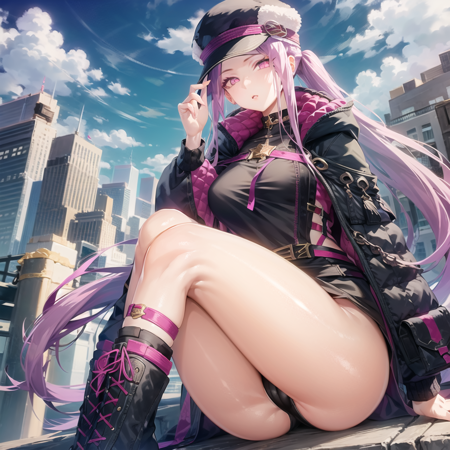 rider_saber a beautiful woman in purple hair and pink hat, with dark boots, 1girl, long hair, medusa (fate), breasts, looking at viewer, solo, long sleeves, black headwear, sidelocks, hat, forehead, purple hair, very long hair, sky, thighs, medusa (rider) (fate), purple eyes, sunglasses, shirt, blue sky, outdoors, city background, glasses, standing, a cartoon fairy dressed as a white fairy with purple hair standing over a sword, 1girl, shield, long hair, medusa (fate), solo, very long hair, purple hair, breasts, cape, looking at viewer, weapon, outdoors, city background,