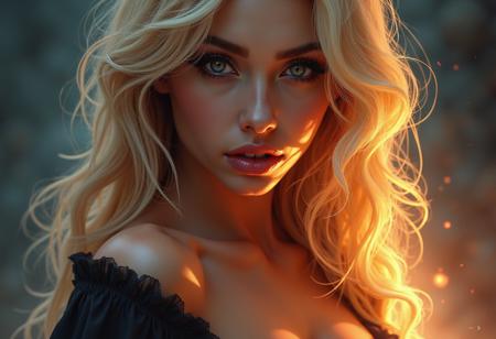 erotic woman,   with blonde hair and Luminous eyes looks at the camera, Beautiful picture of the character, character portrait, character portrait, epic portrait illustration, fantasy concept art portrait, detailed matte fantasy portrait,  Detailed beautiful portrait, fantasy art portrait, dark, chiaroscuro, low-key, oil and watercolor painting cleavage, extremely sexy, seductive, long hair, luscious lips, Makeup, Realism clenched teeth, fighting, energy, shockwave, colorful, High quality texture, intricate details, detailed texture, High quality shadow, Cinematic Light, action shot, highly detailed, hdr, vibrant colors, a monologue bubble with Large text "For Flux Sake!"